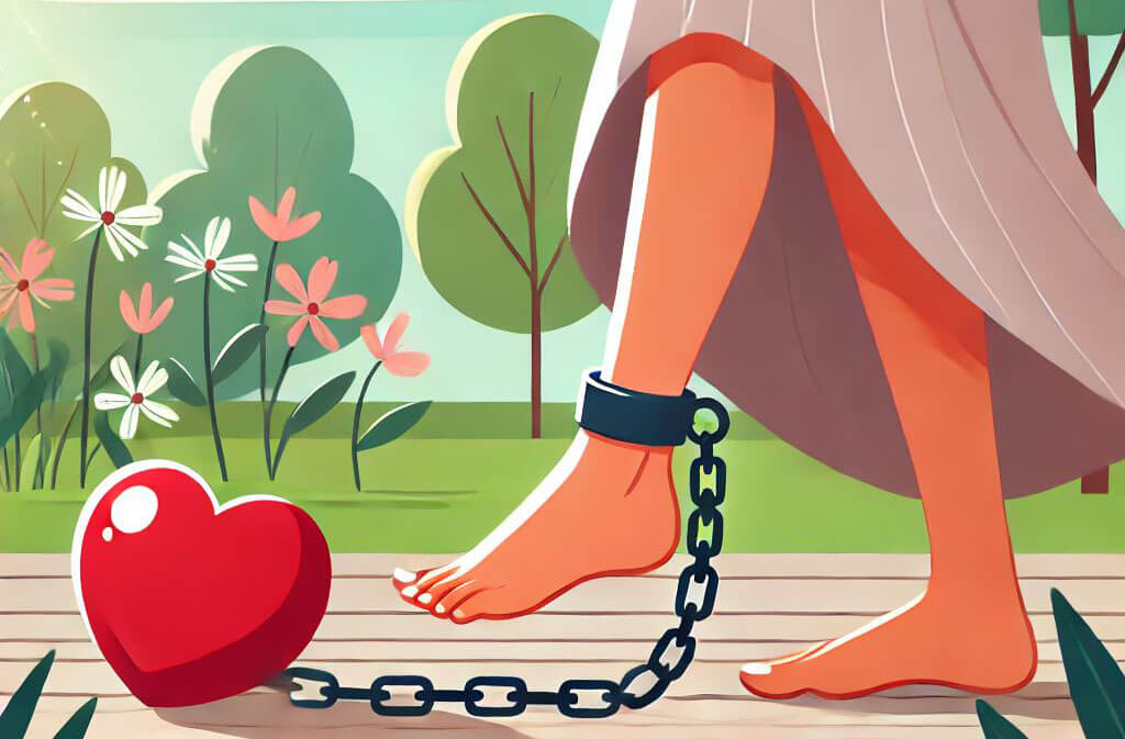 Une femme avec un boulet en forme de coeur accroché à sa cheville qui symbolise la dépendance affective